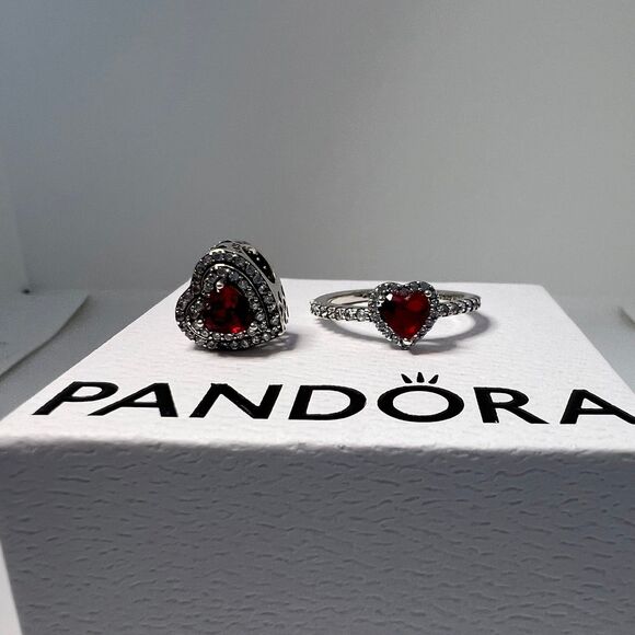 Pandora Elevated Red Heart Ring & Sparkling Leveled Heart Charm - Picture 5 of 12